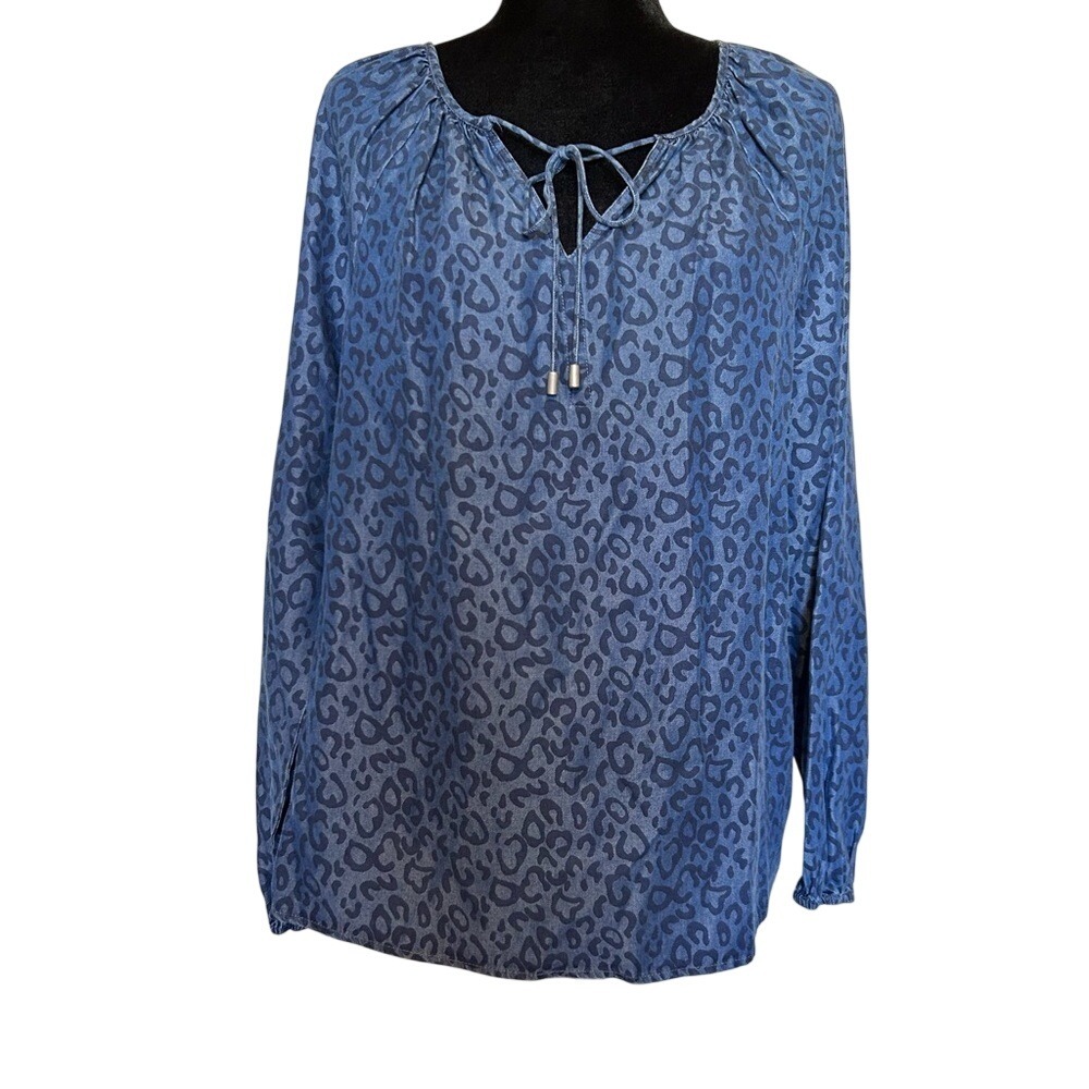 NYDJ Womens Blue Leopard Print Peasant Blouse Long Sleeve Tie Neck Top Size M